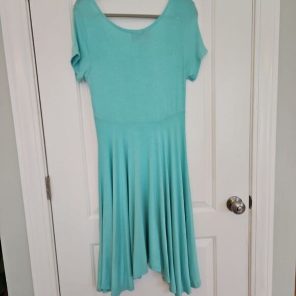 Vtg. Mary McFadden Collection Womens Large Turquoise Waterfall Hem Jersey Dress - Picture 7 of 8